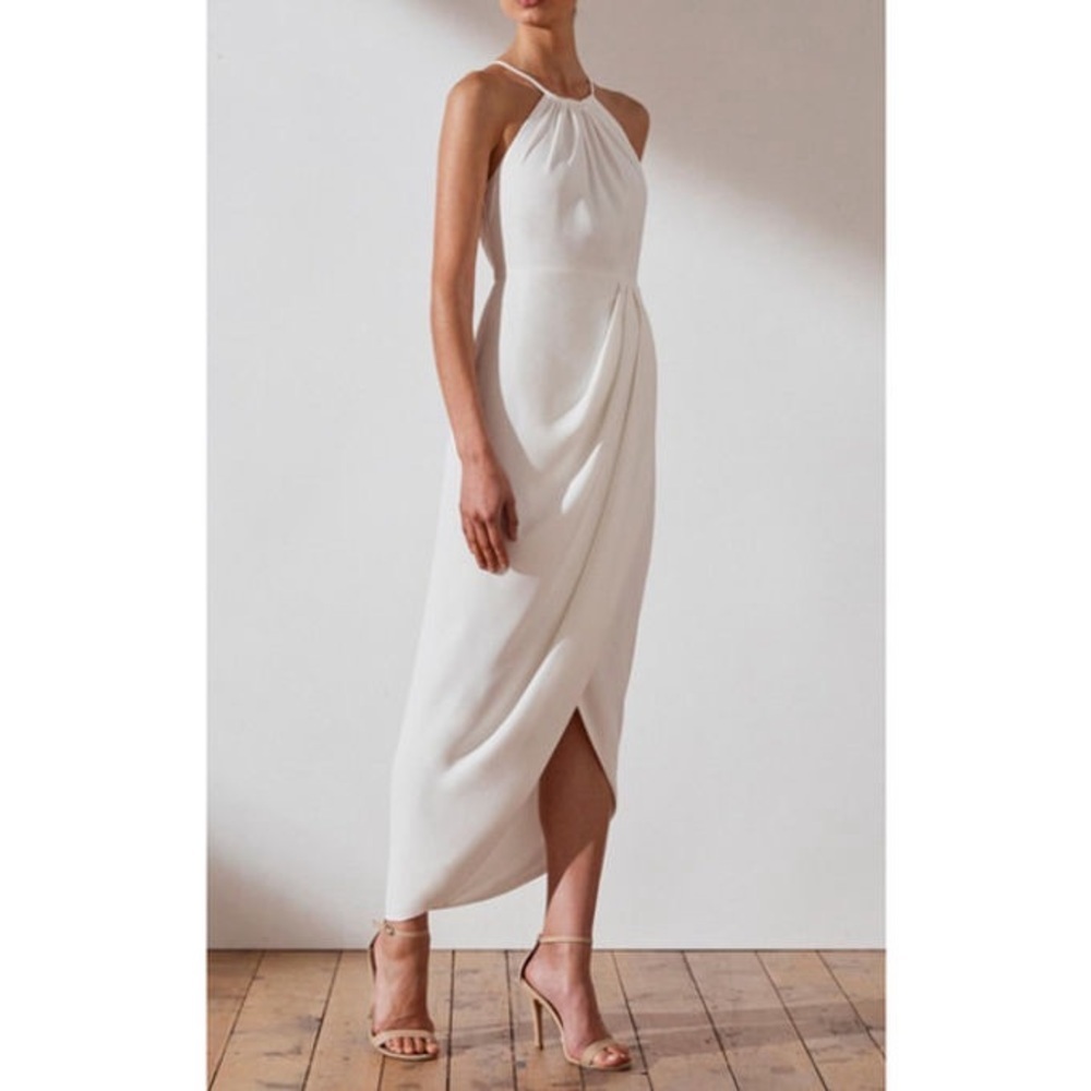 Shona Joy Ivory High Neck Ruched Midi Dress, size 10
